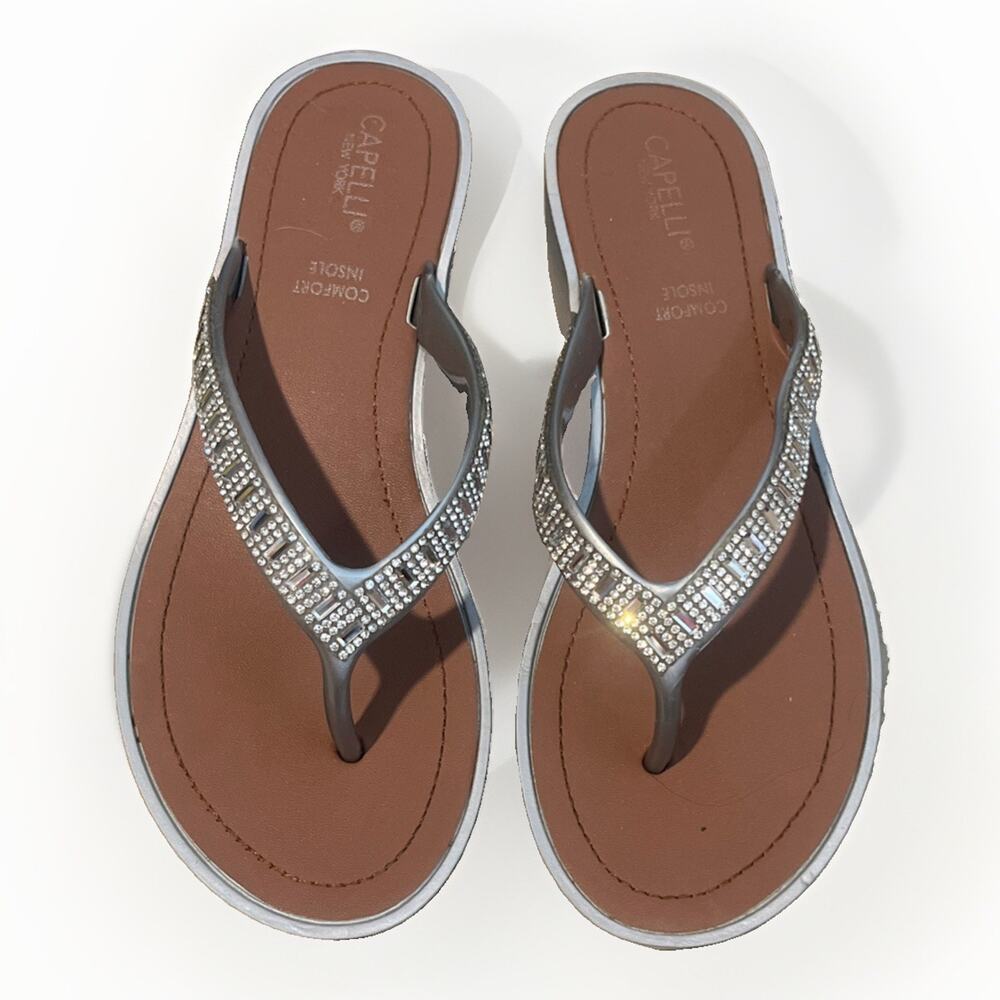Capelli New York Leather Rhinestone Wedge Sandals Brown & Silver Thong Size 6